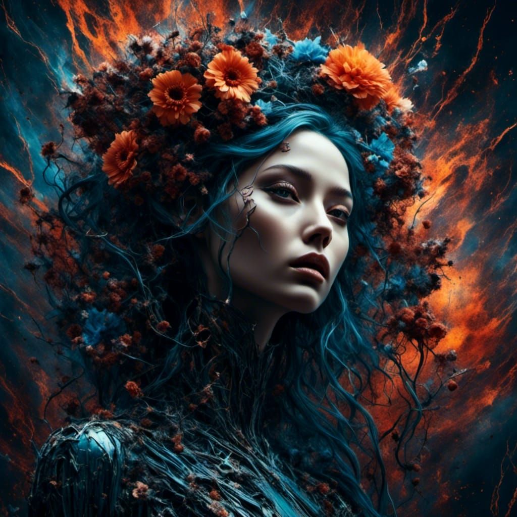 Biopunk Woman's Face with Geometric Floral Design