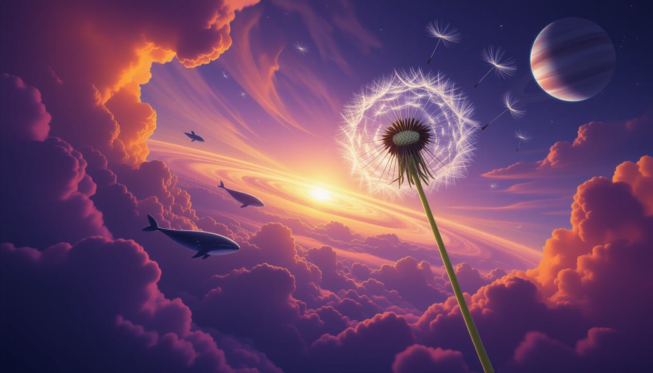 Colossal Dandelion Seed Drifts in Gas Giant Sky