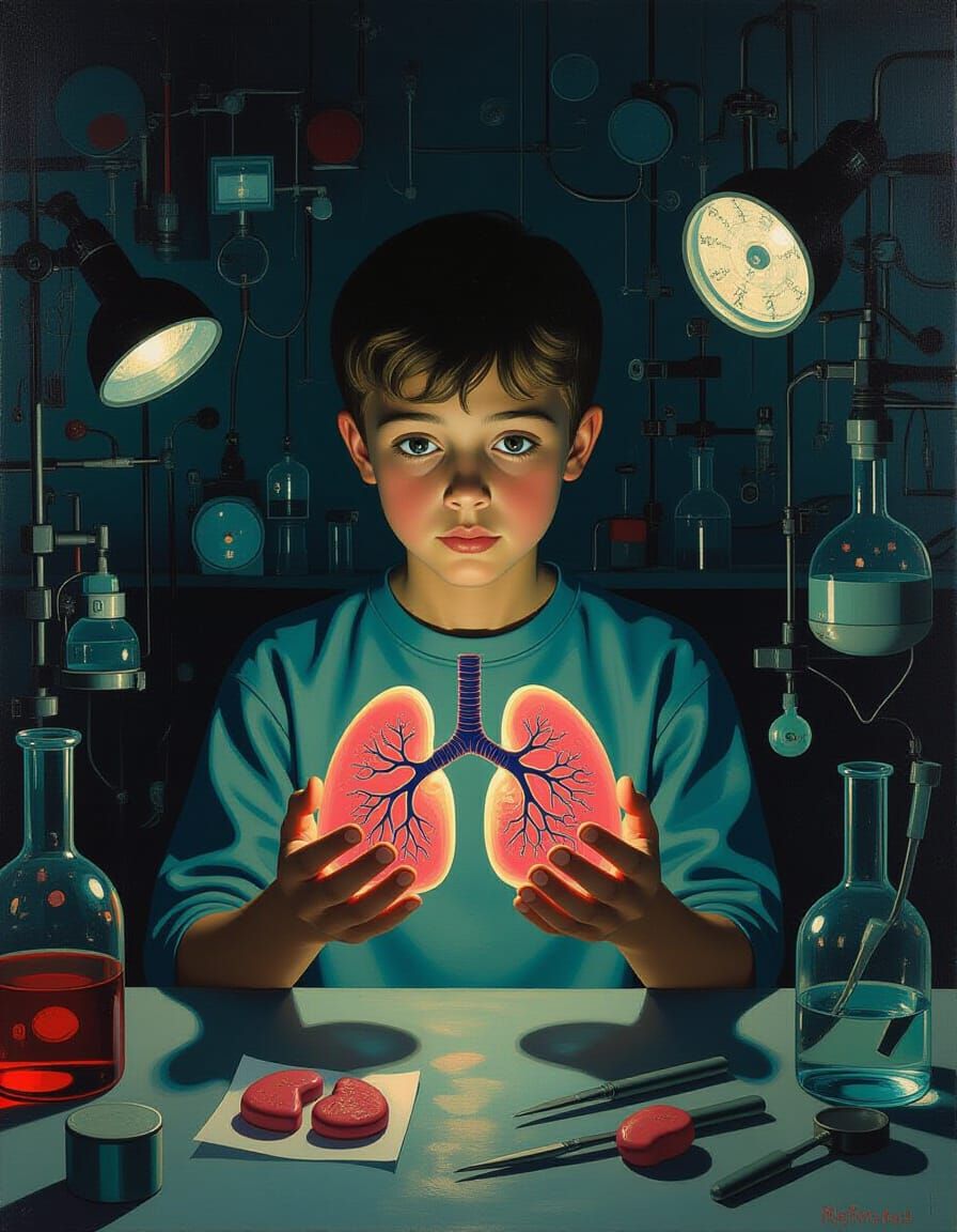 Student Gazing at Lungs in Surreal Laboratory