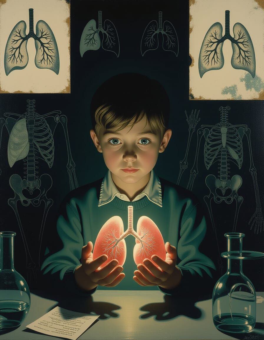 Awestruck Student with Lungs in Surrealist Style