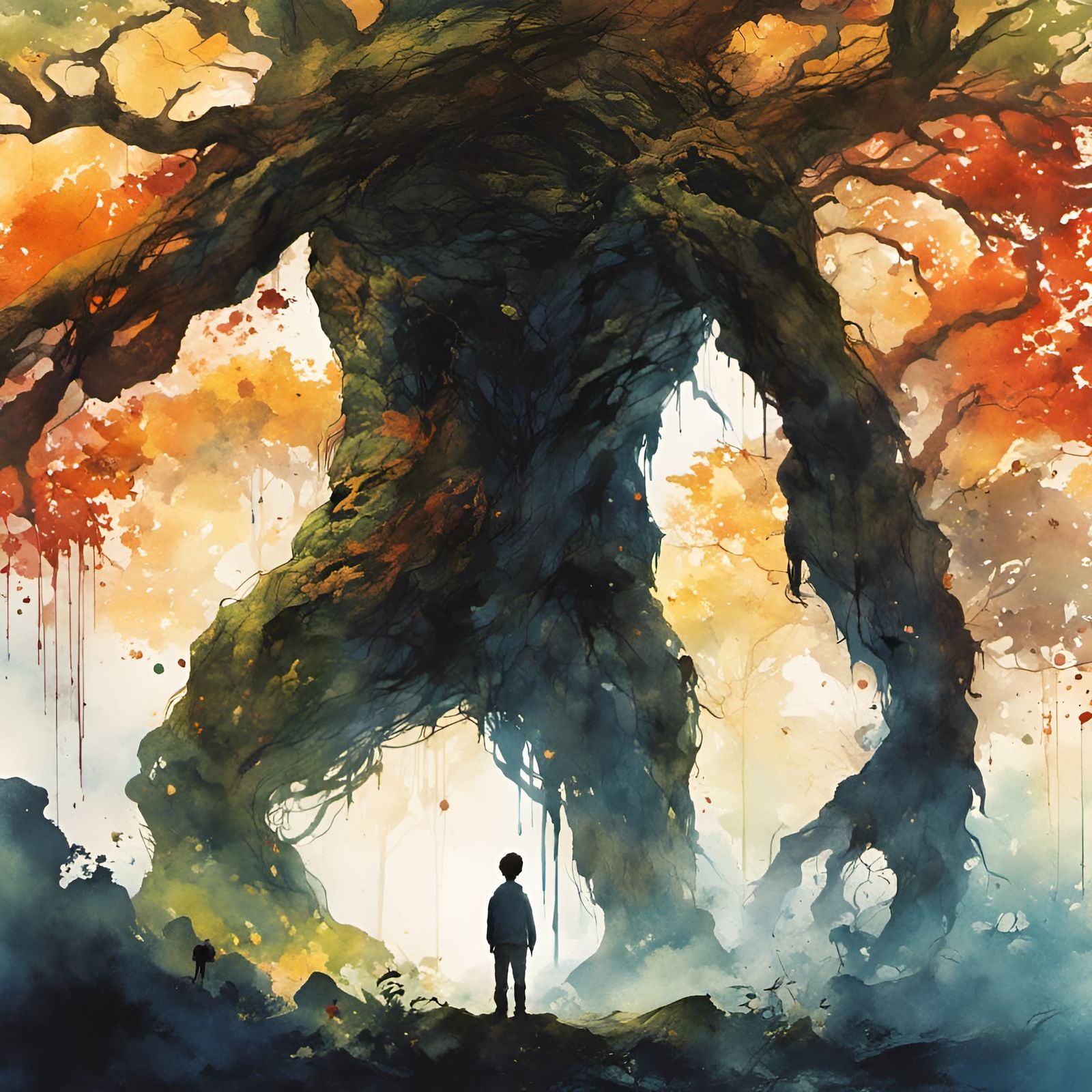 Tree Monster Embraces Boy and Mother: Watercolor Art