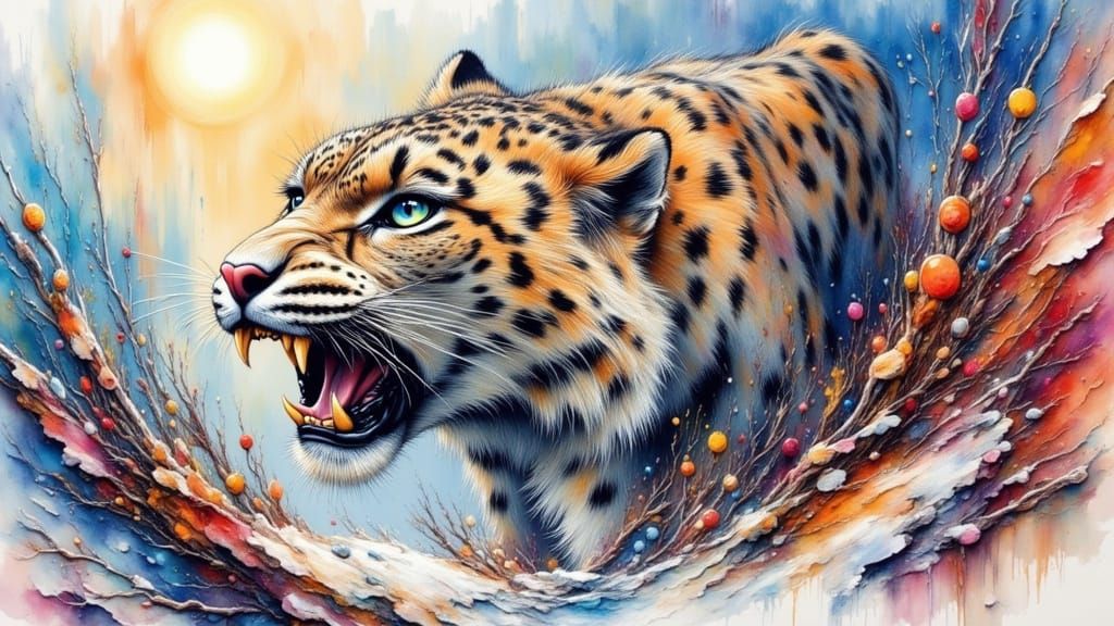 Snow Leopard's Fierce Encounter Oil Drawing