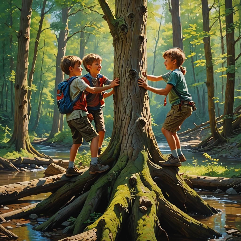 Happy Siblings Climbing a Tree: Gurney-Style Oil Painting