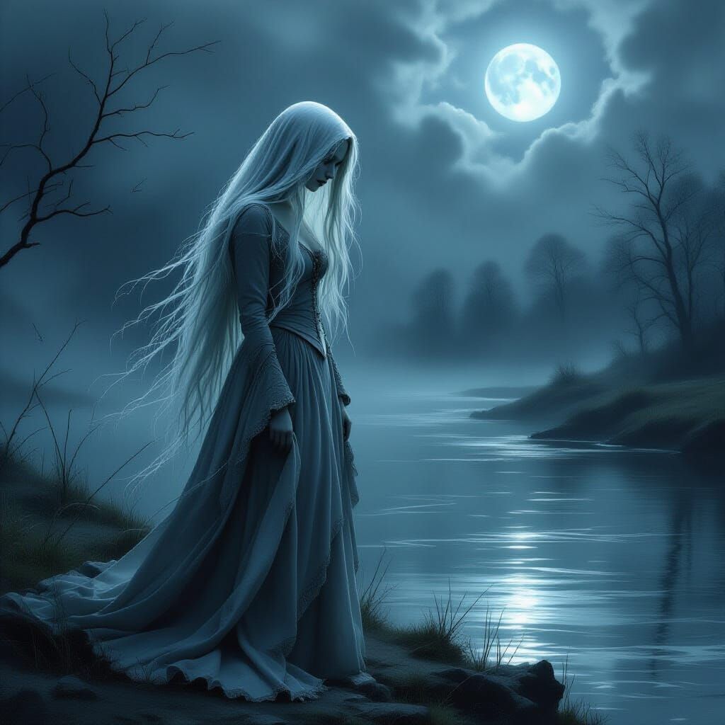 Ethereal Banshee by Moonlit River in Dark Fantasy Style