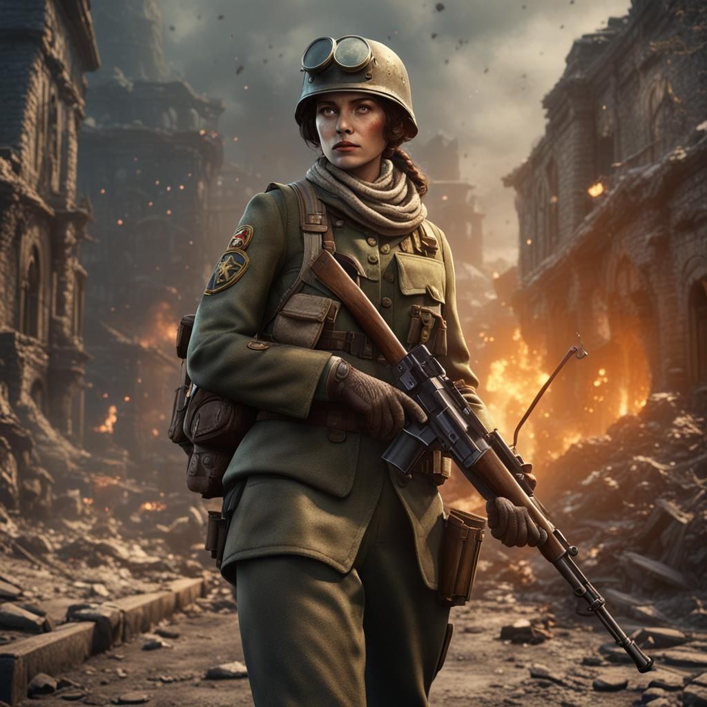 World War II Soldier Woman: Detailed Matte Painting