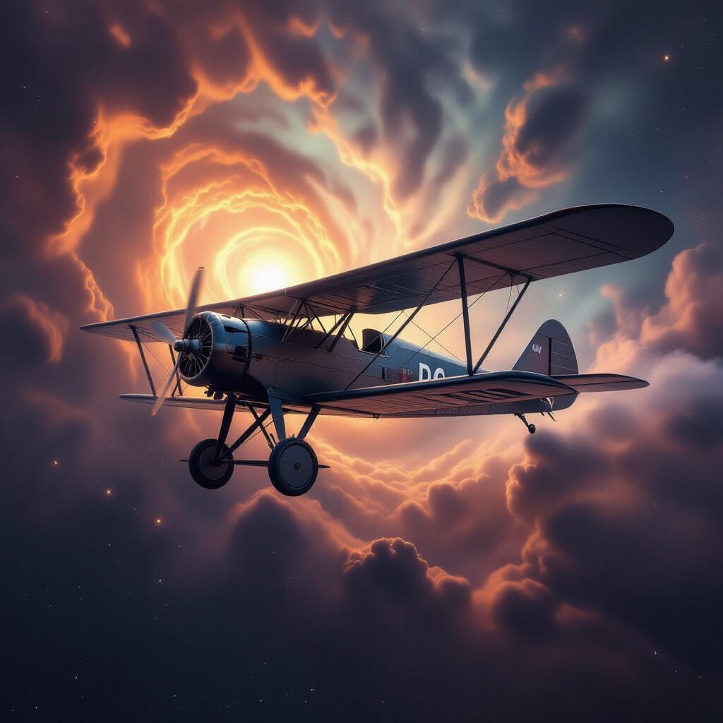 Antique Biplane Emerges from Cosmic Vortex