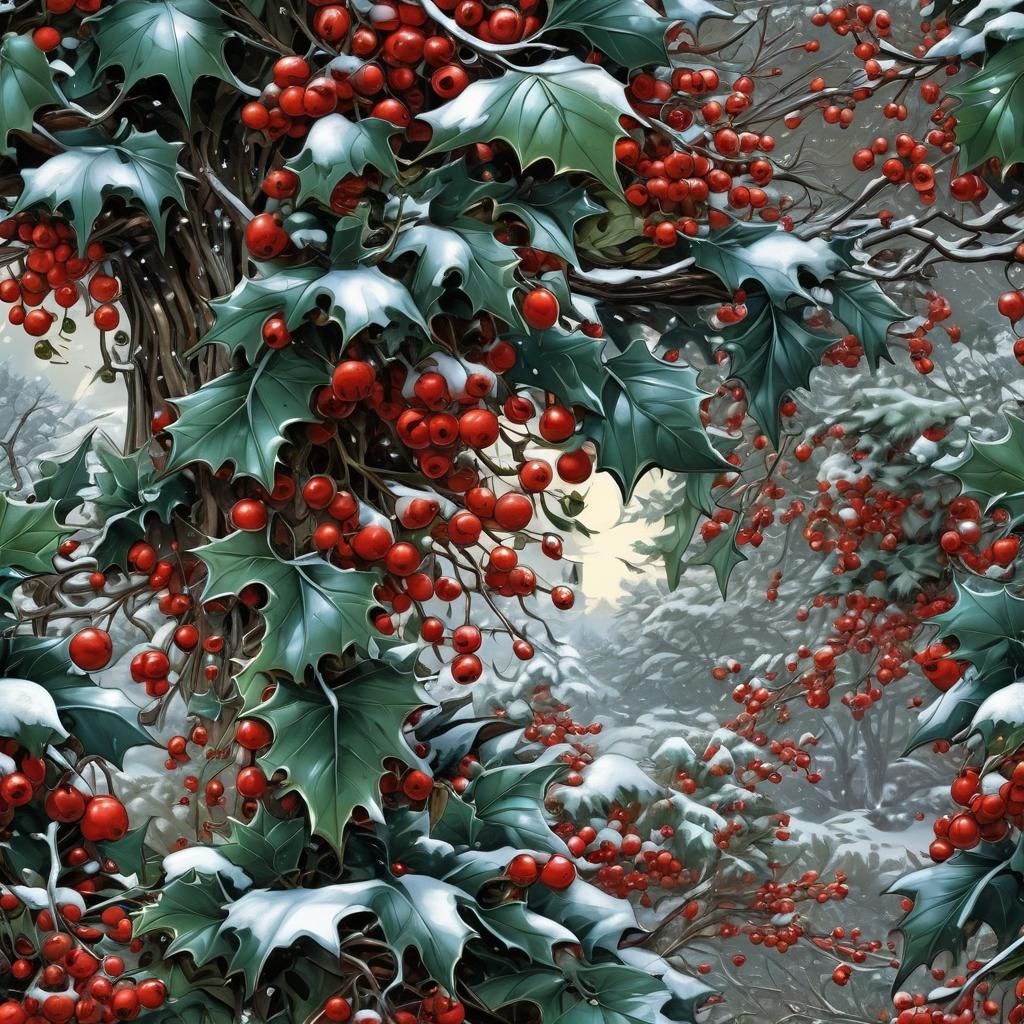Holly Berries and Flowers in Comic Book Art Style