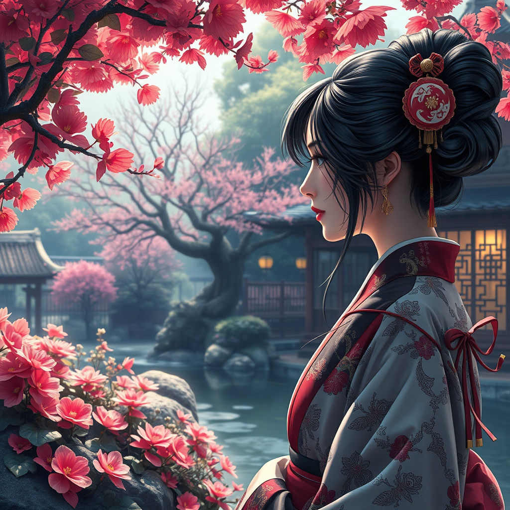 Beautiful Asian Woman in Japanese Garden: Splash Art
