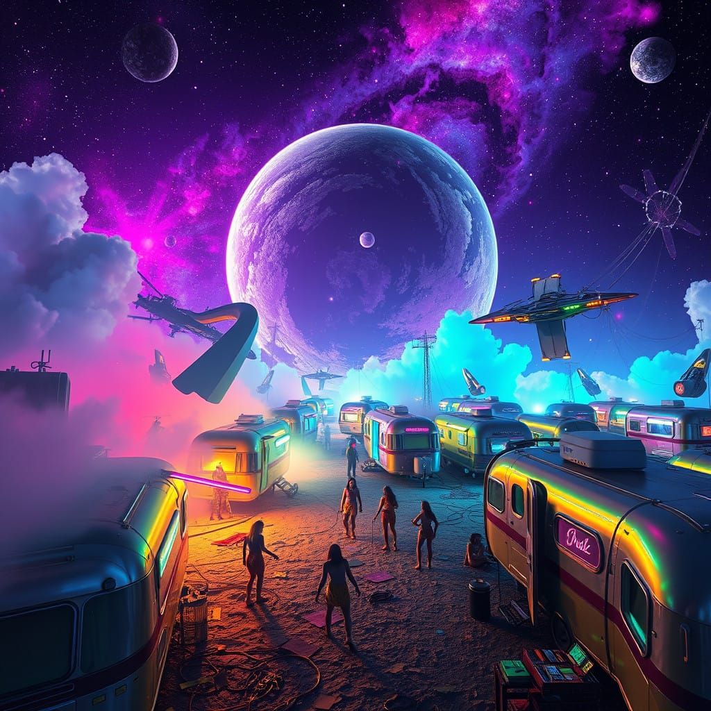 Cosmic Disco Trailer Park in Futuristic Outer Space