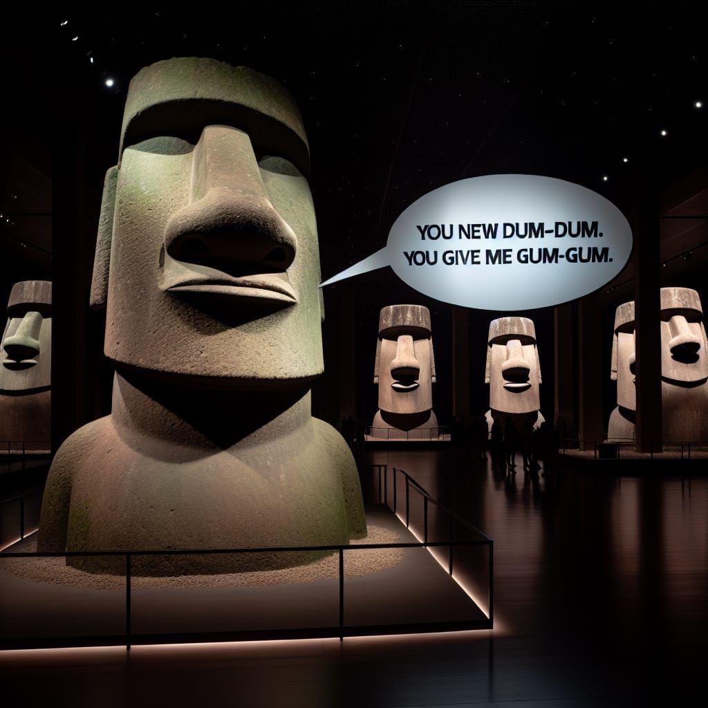 "You new dum-dum. You give me gum-gum." Easter Island Exhibit
