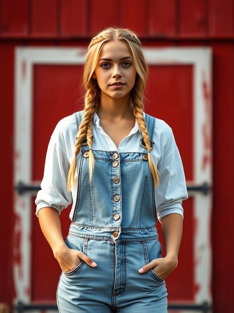 Young Woman in Overalls by Red Barn