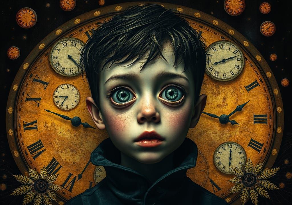 Surreal Boy with Melting Clocks in Pop Surrealism