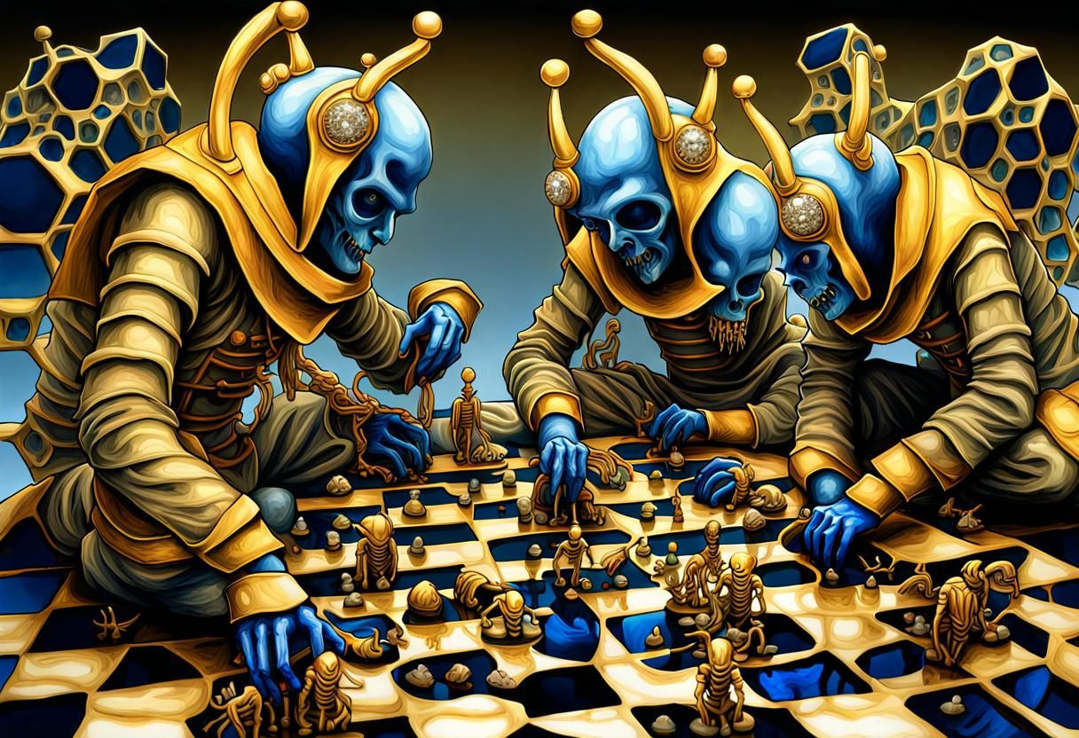 blue jesters building ants out of platinium gold and diamonds, honeycomb structure, Mescaline and DMT art, jerome BOSCH,...