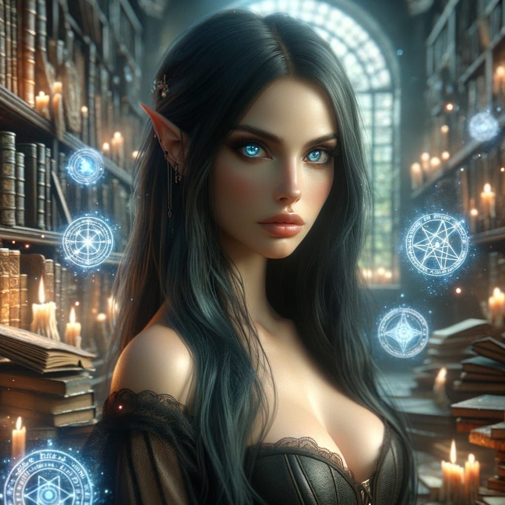 Enchanting Half-Elf in Magical Library