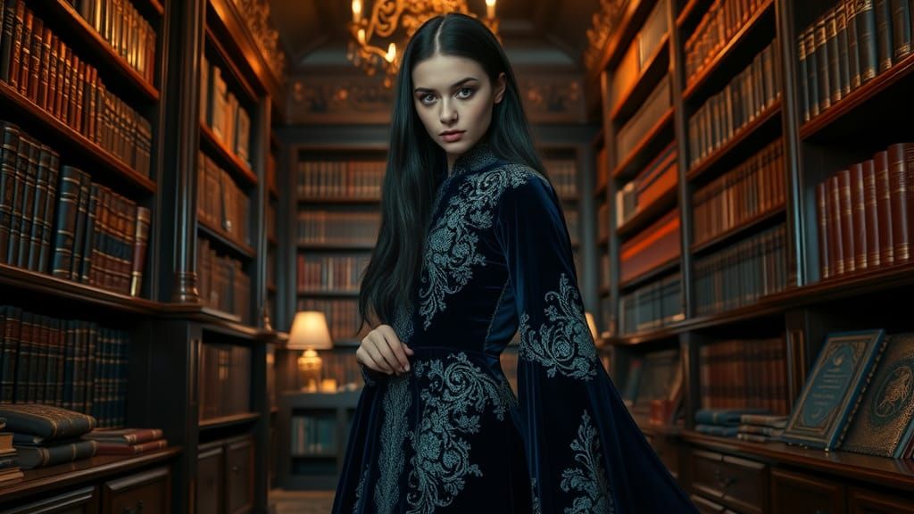 Young Wizardess in Opulent Library, Art Nouveau Style