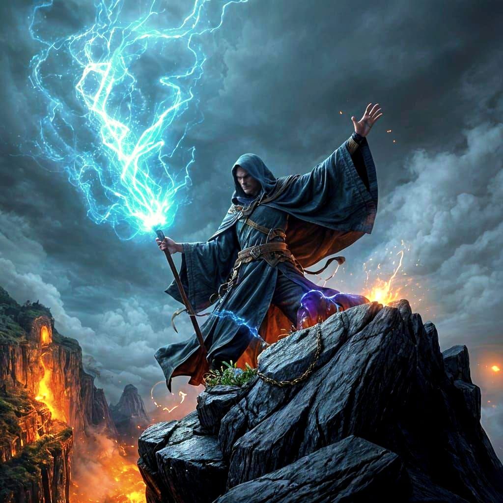 Mysterious Mage Casting Spell on Cliff