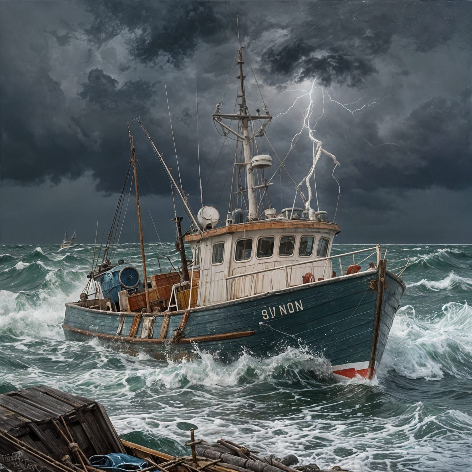 Fishing Boat Battles Storm Off Maine Coast in Painterly Styl...