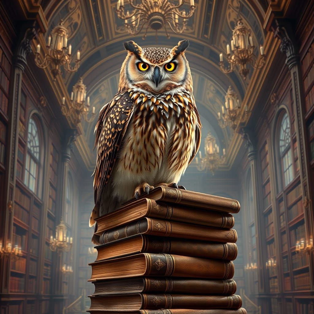 Owl in Grand Library, Hyperrealistic Art Nouveau
