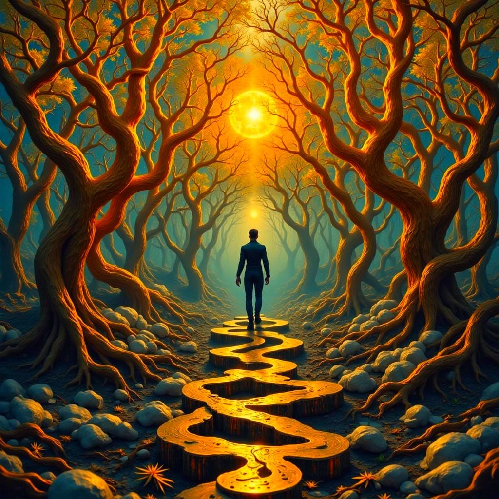 Golden Roots Bind Celestial Metal in Stylized Ethereal Lands...