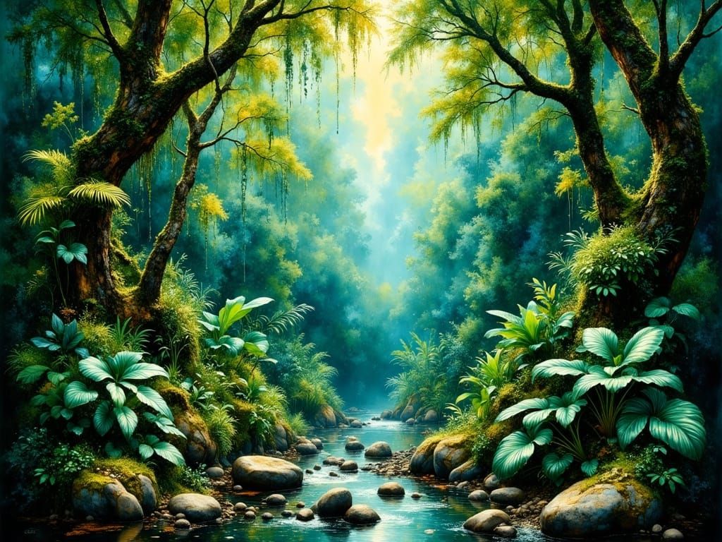 Lush Rainforest with Glistening Leaves as Impasto Painting