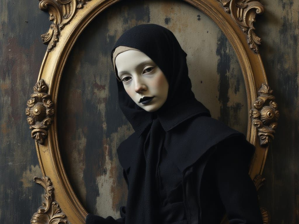 Gothic Girl in Ornate Frame, Dark Atmosphere
