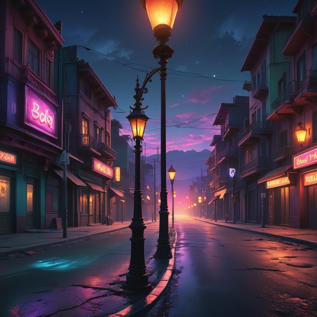 Glowing Street Lamp on Deserted Road: Fantasy Concept Art