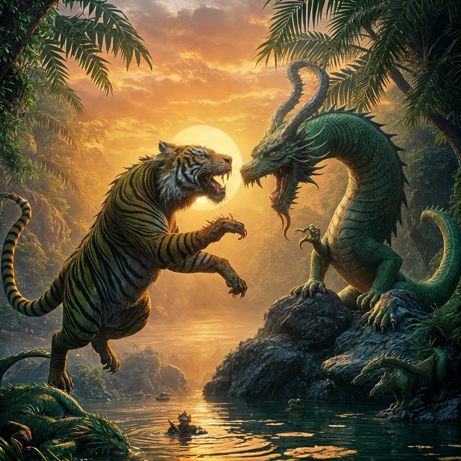 Tiger Battles Majestic Green Dragon in Jungle Sunrise