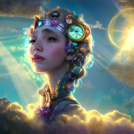 Fossil Princess with Steampunk Engine, Mixed Media Illustrat...