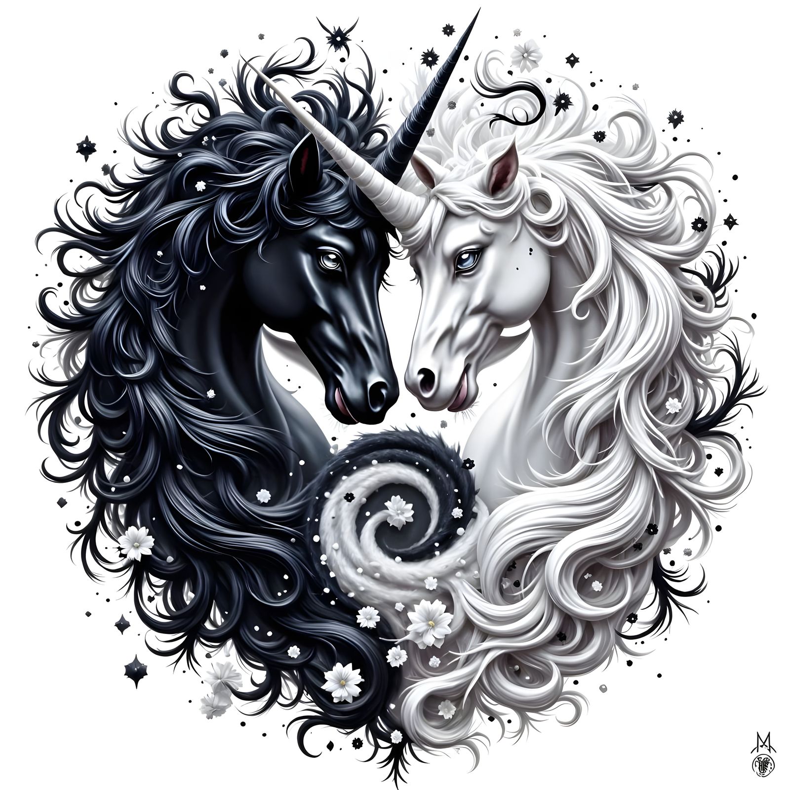 Black and White Unicorns in Yin Yang Design