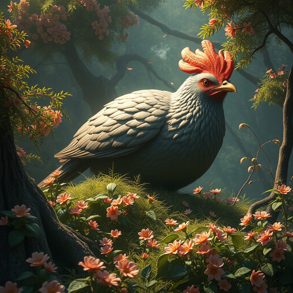 Fantastical Pigeon in Forest, Wearing Sleep Cap, with Hambur...