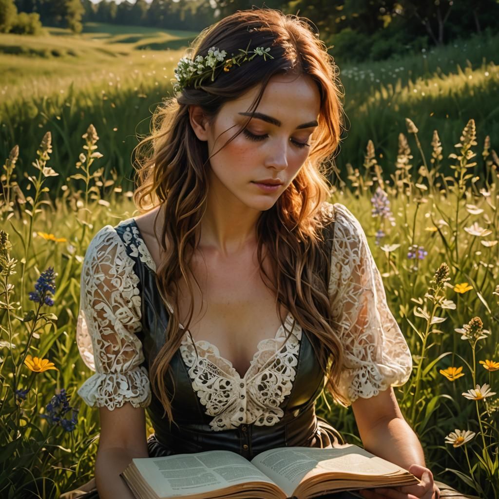 Woman Reading in Meadow, Art Nouveau Watercolor