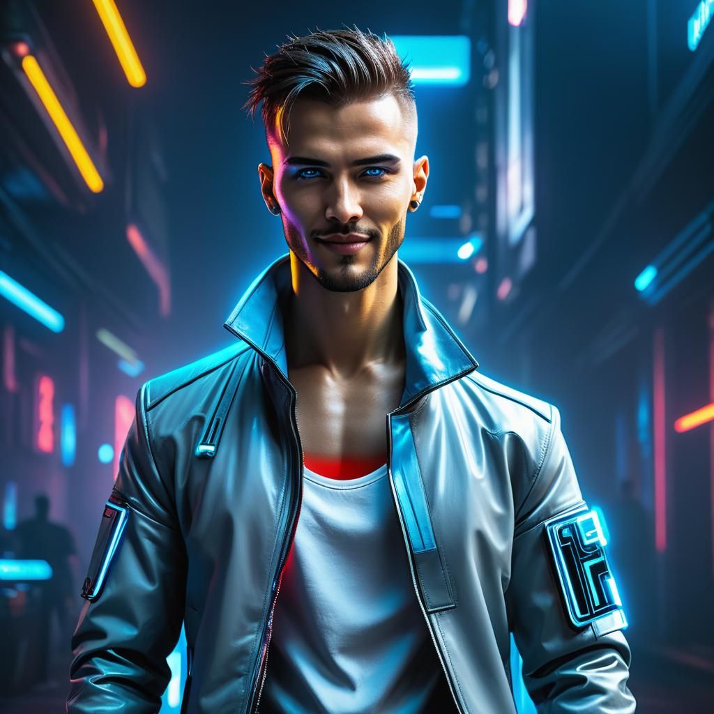 Cyberpunk Portrait: Man in Neon-Lit Futuristic Fashion