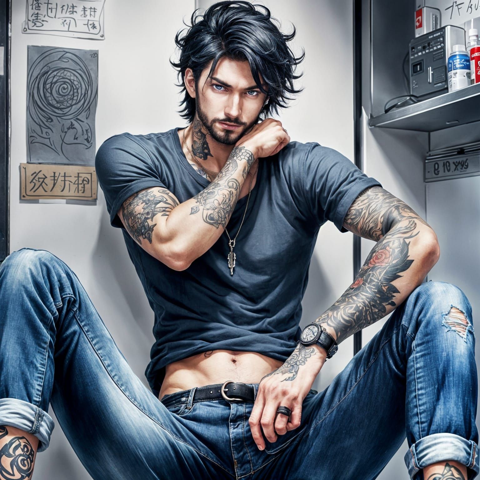Tattooed Man with Blue Eyes in Anime Style