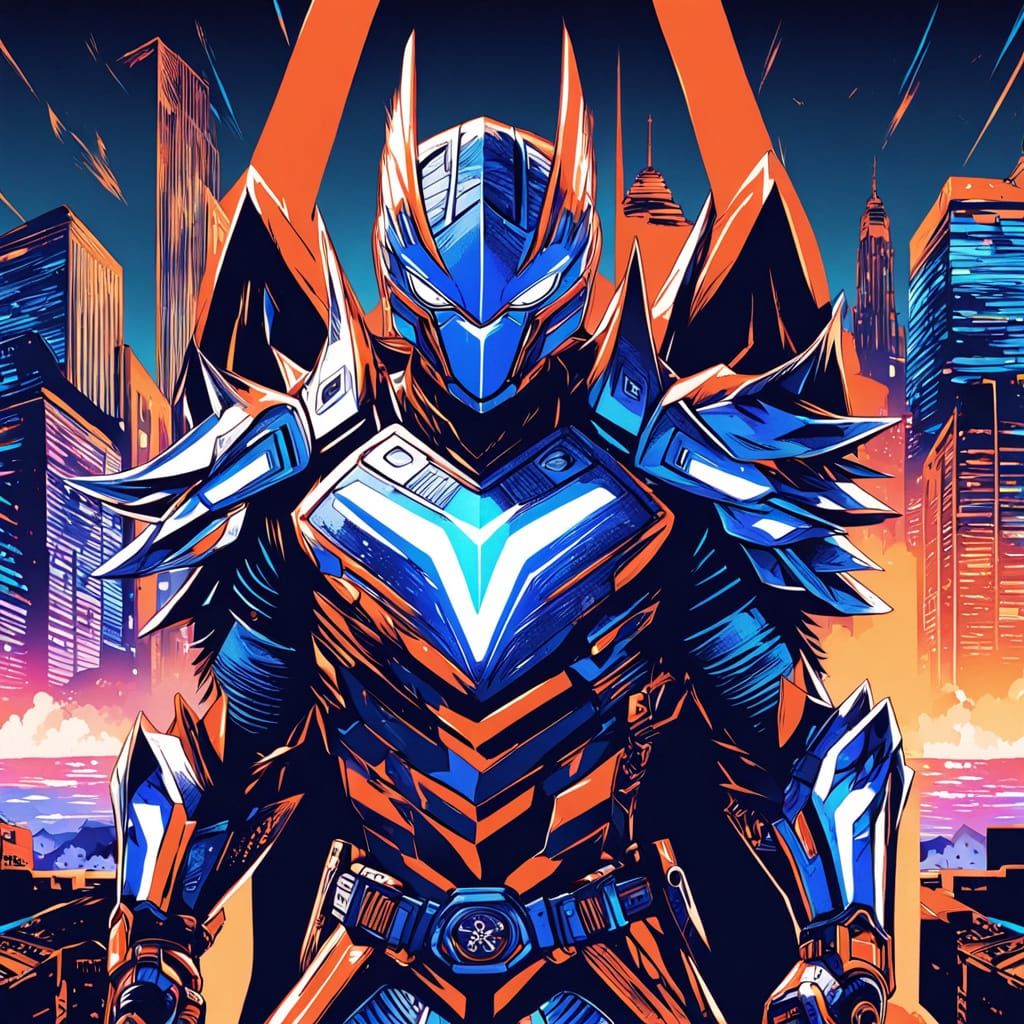 Heroic Rathalos Kamen Rider in Vibrant Futuristic City