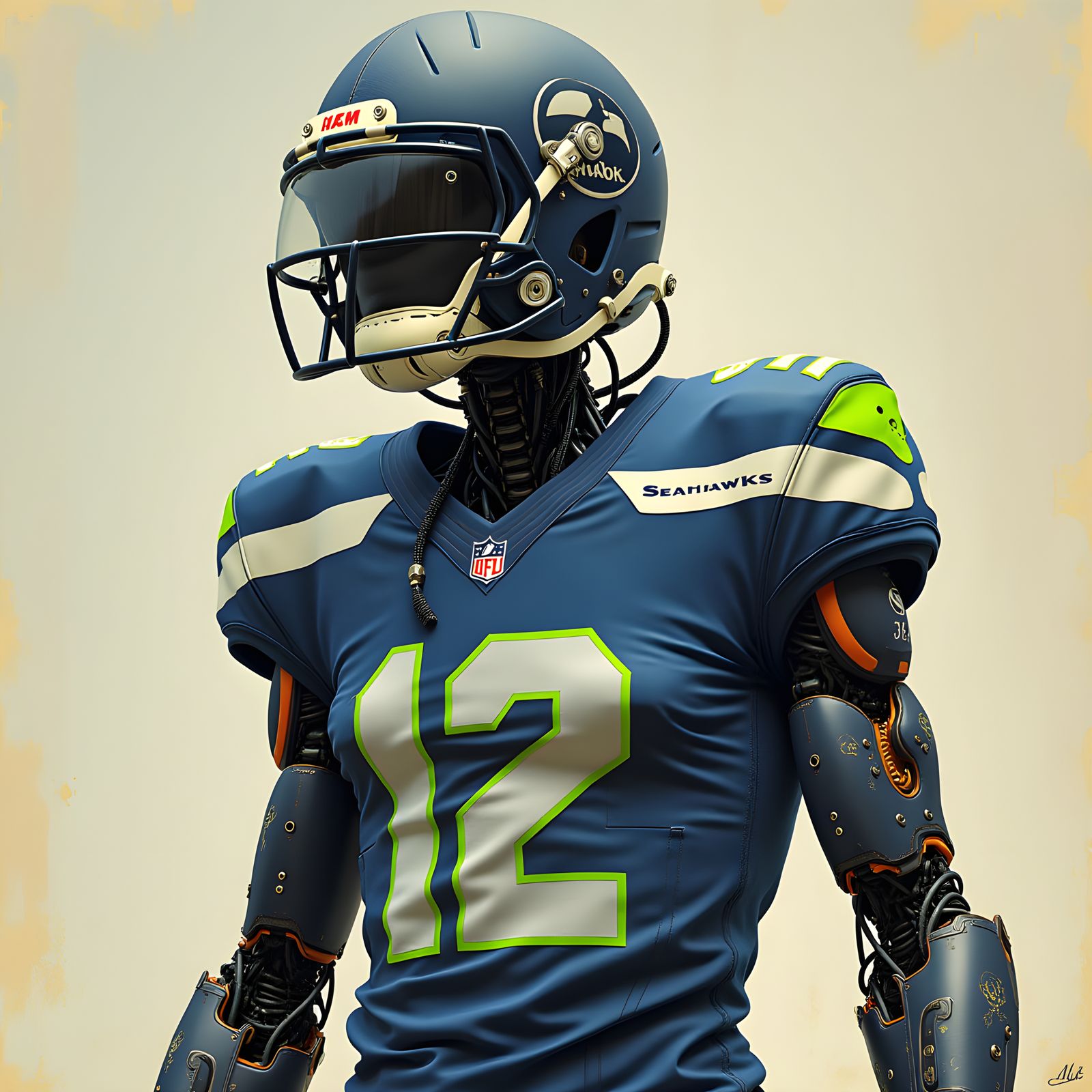 Biomechanical Cyborg in Seahawks Uniform, Sci-Fi Style