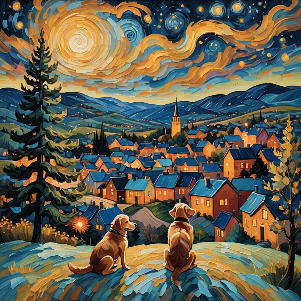Dog Overlooking Starry Village, Van Gogh Impasto Oil