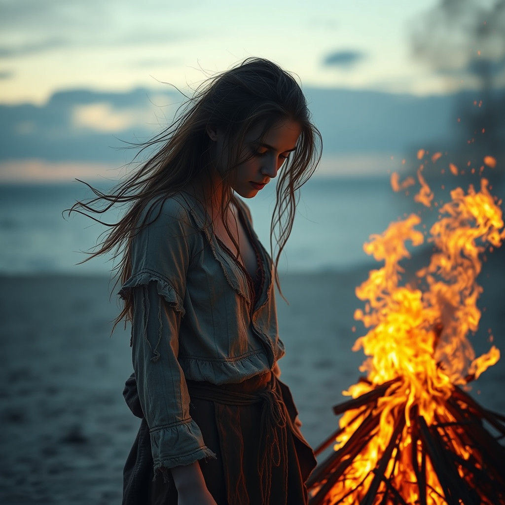 Desert Island Woman Tends Fire in Ominous Landscape