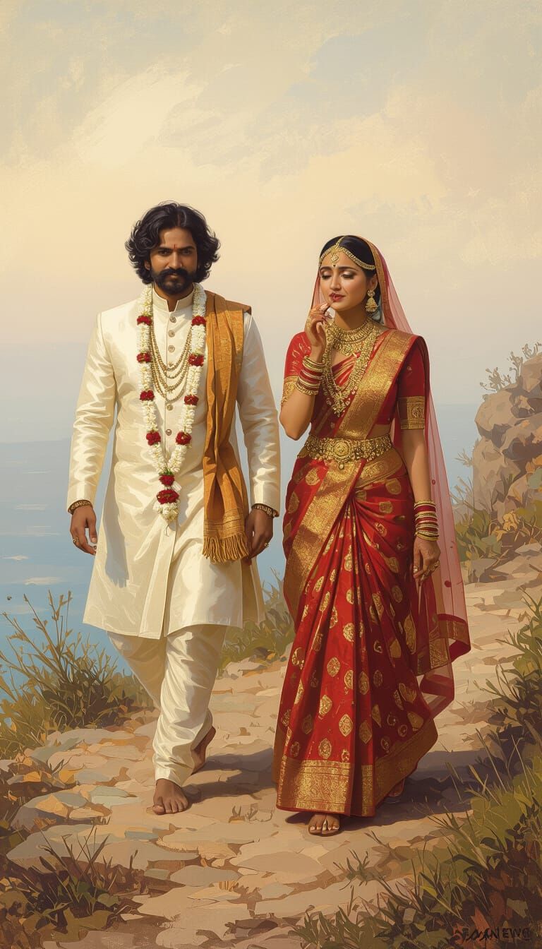 Melancholic Cliffside Trail Scene in Classical Indian Style