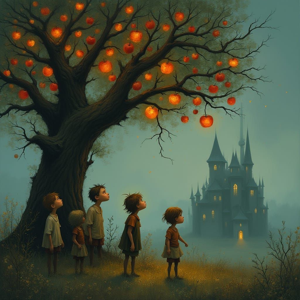 Ethereal Apple Tree and Hungry Children in Dark Fairytale