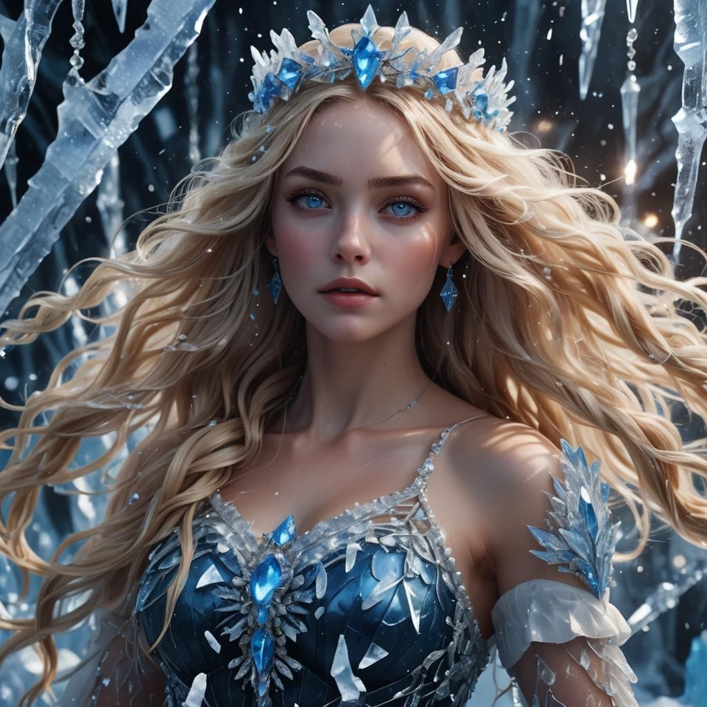 Icy Blonde Girl with Ice Crown, Digital Art