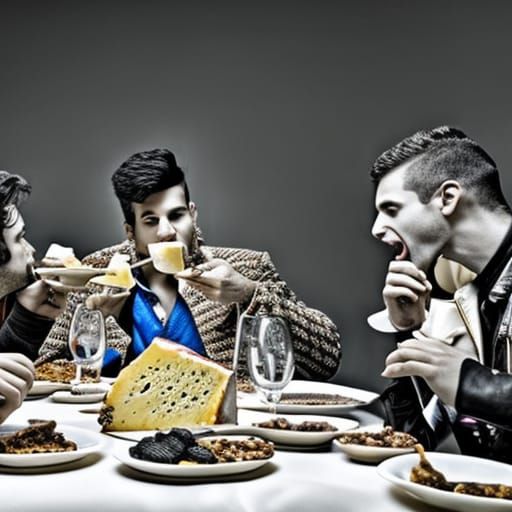 Hyperrealistic Punks Enjoying Fancy Cheese Tasting