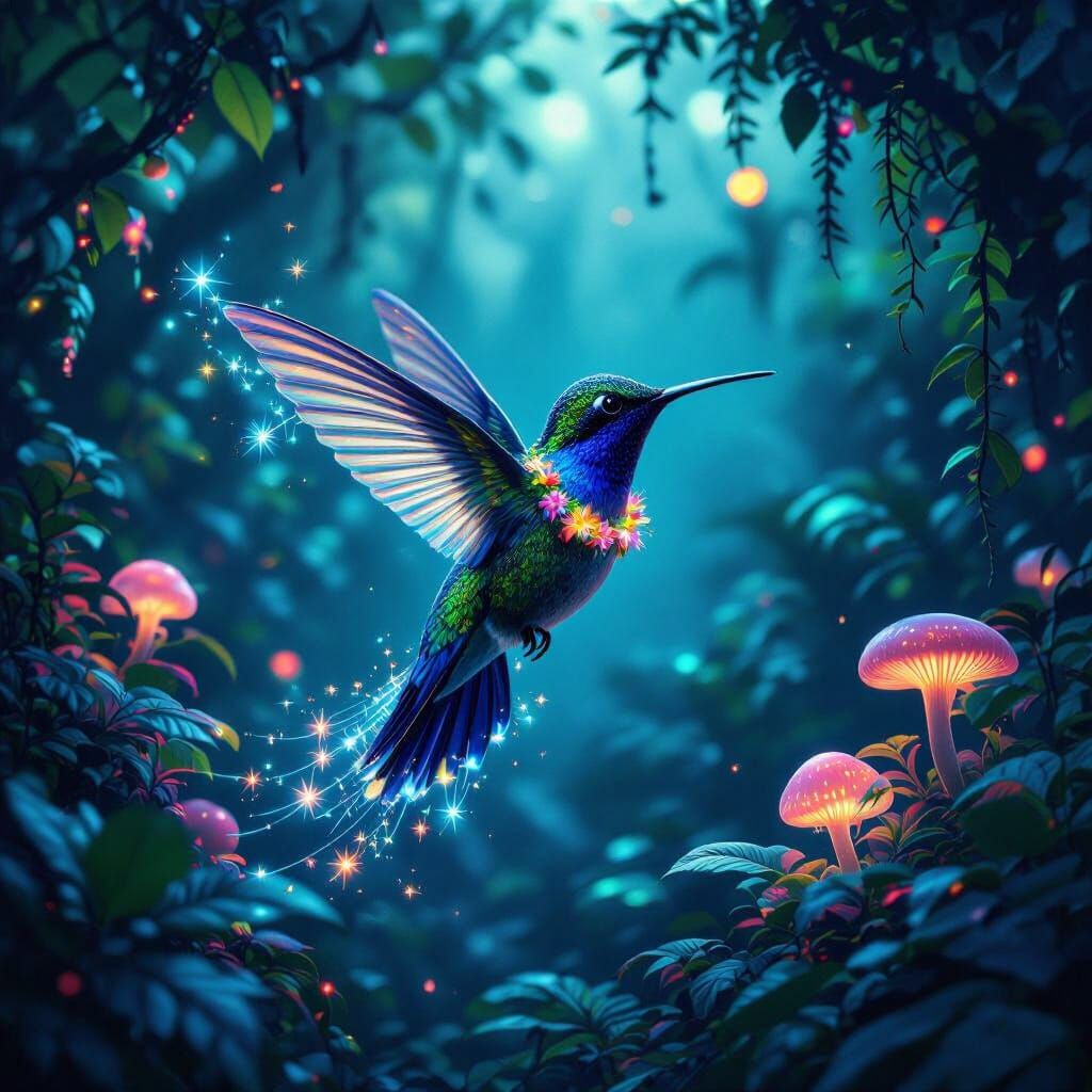 Bioluminescent Hummingbird in Alien Jungle, Cosmic Surrealis...