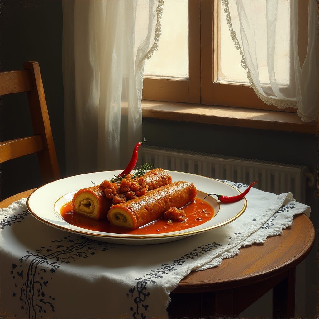 Sarmale Plate with Chili in Warm Oil Painting Style