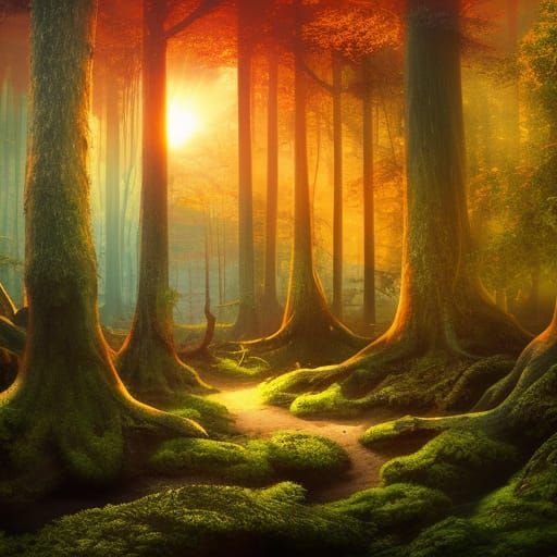 Lush Forest Sunset: Detailed Matte Painting
