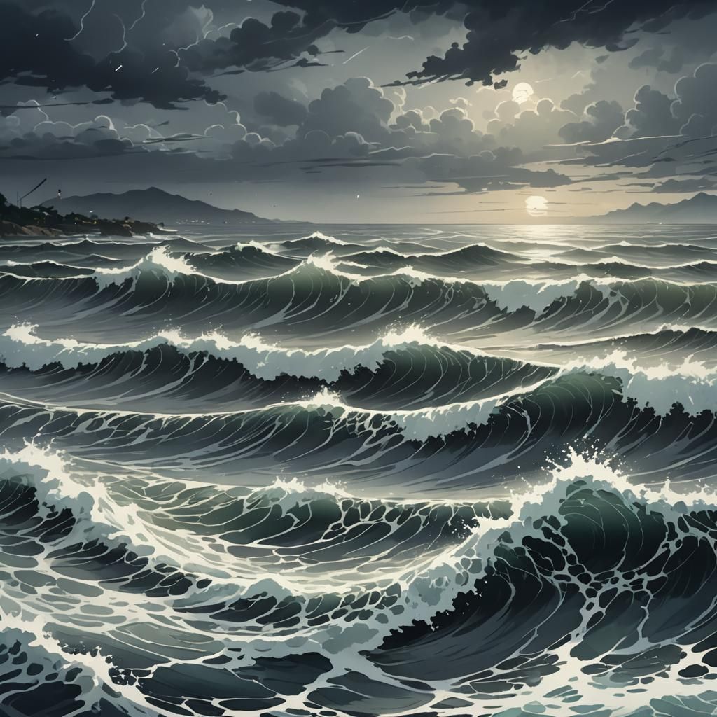 Stormy Sea Anime Wallpaper in Deep Color