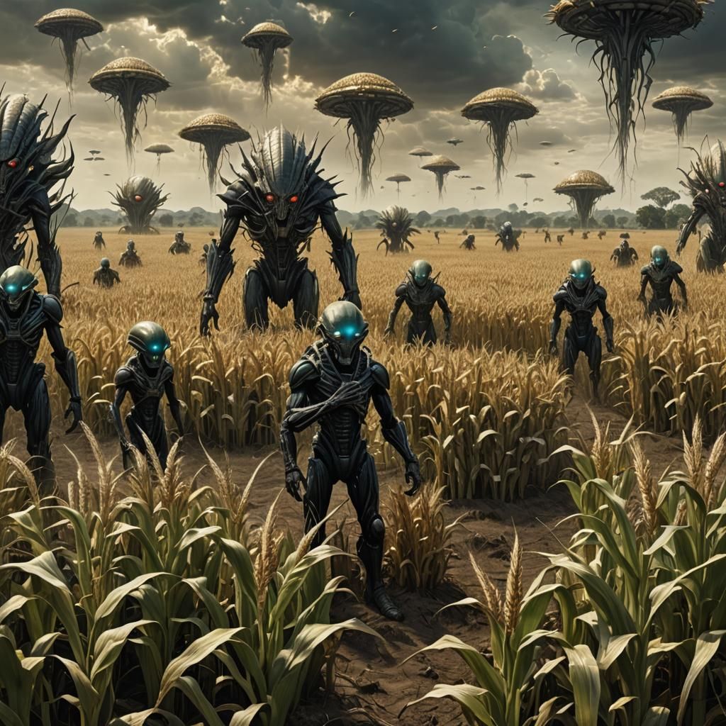 Alien Invasion of Cornfield with Sacrifice Painting