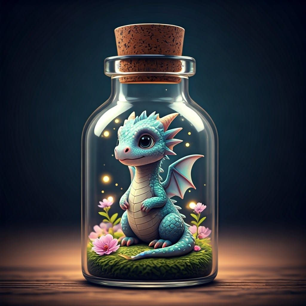Baby Dragon in Glass Bottle: Dreamy Cinematic Scene