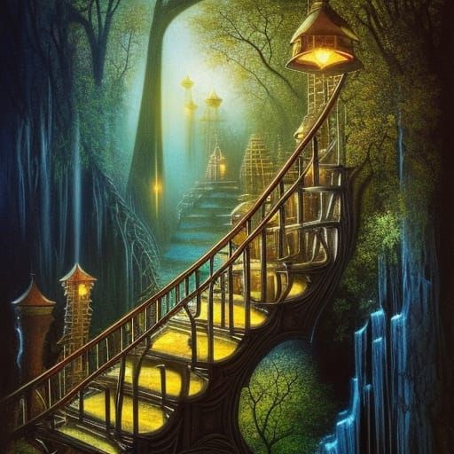 Fractal Stairs and Galaxy Waterfall, Digital Matte Painting