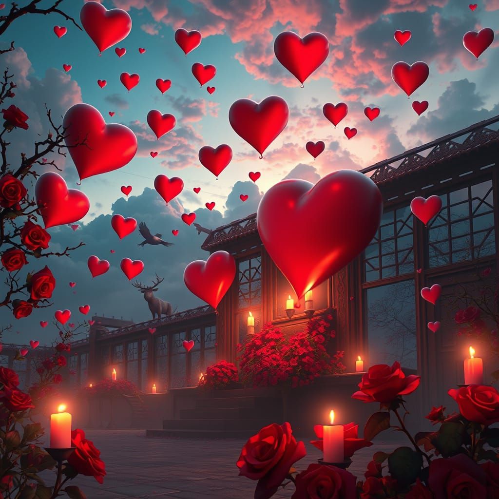 Surreal Red Hearts Fall from a Fantastical Sky