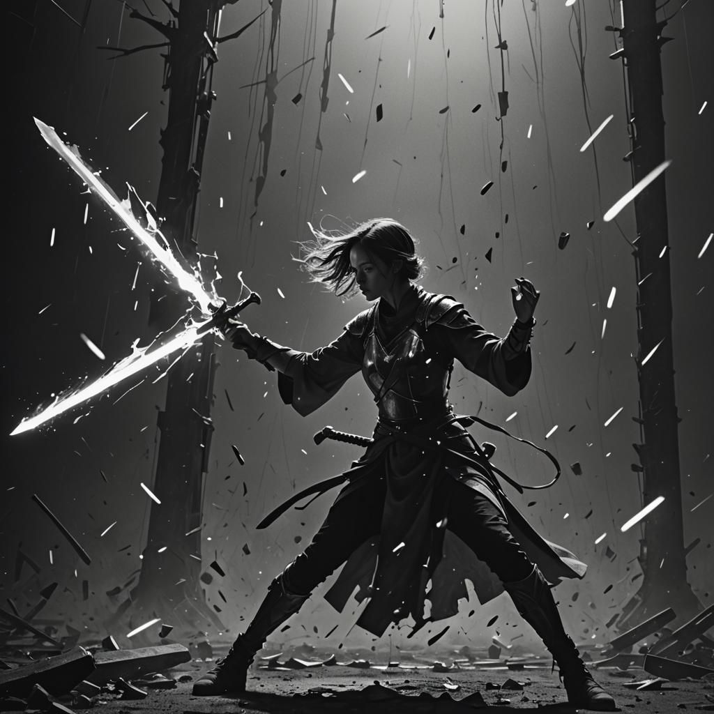 Woman Swordsman Battles Glowing Entity in Greyscale